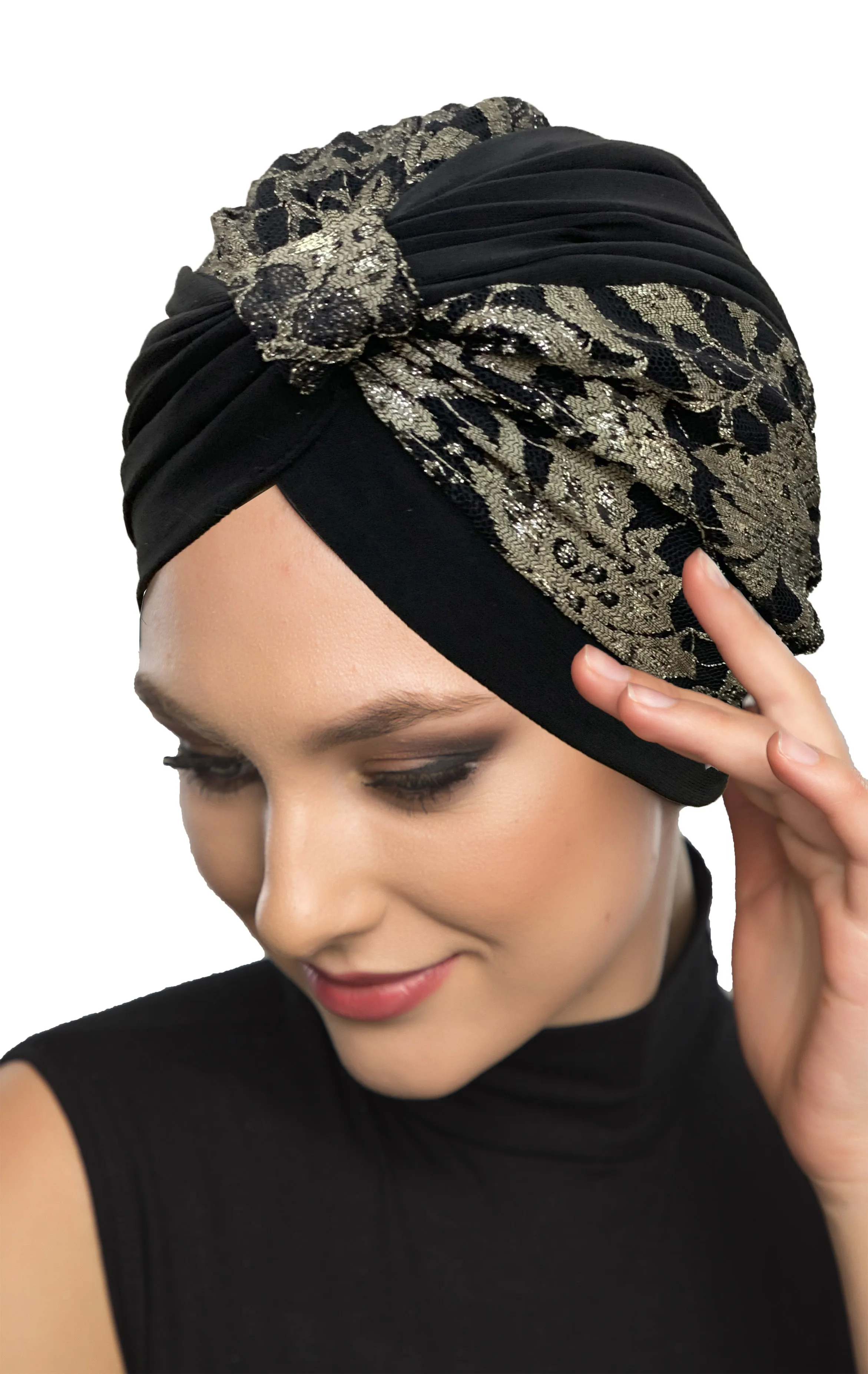 2022 New Fashion Beige Ethnic Pattern Lace on Black Ready Made Turban Hijab Bonnet Scarf Cancer Cap Special Women Product Beret Muslim Liner Chemo All Season Rib Lame Pearl Bead Custom Design