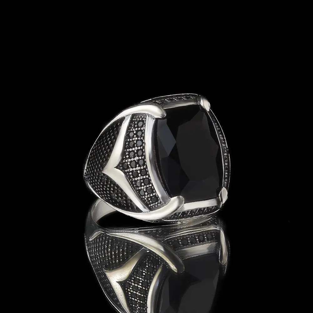 

MEN 'S Black Zircon Stone 925 Sterling Silver Men Ring Handmade Custom Design Made in Turkey Hediyel