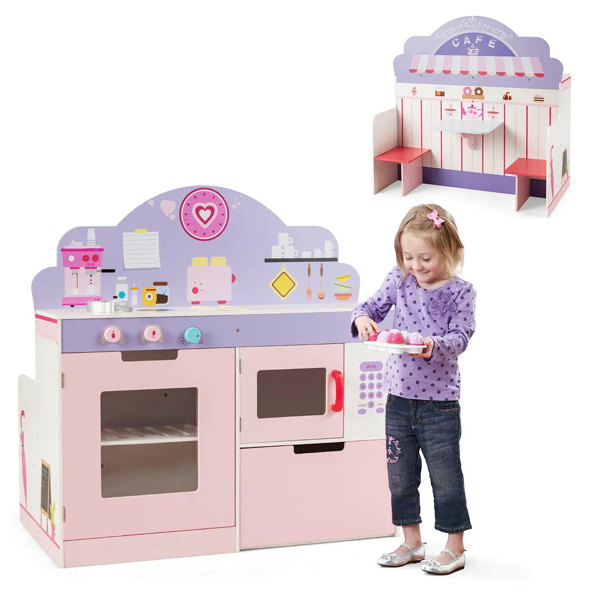 2 in 1 Kids Play Kitchen & Cafe Restaurant Wooden Pretend Cooking Playset Toy  HW64637