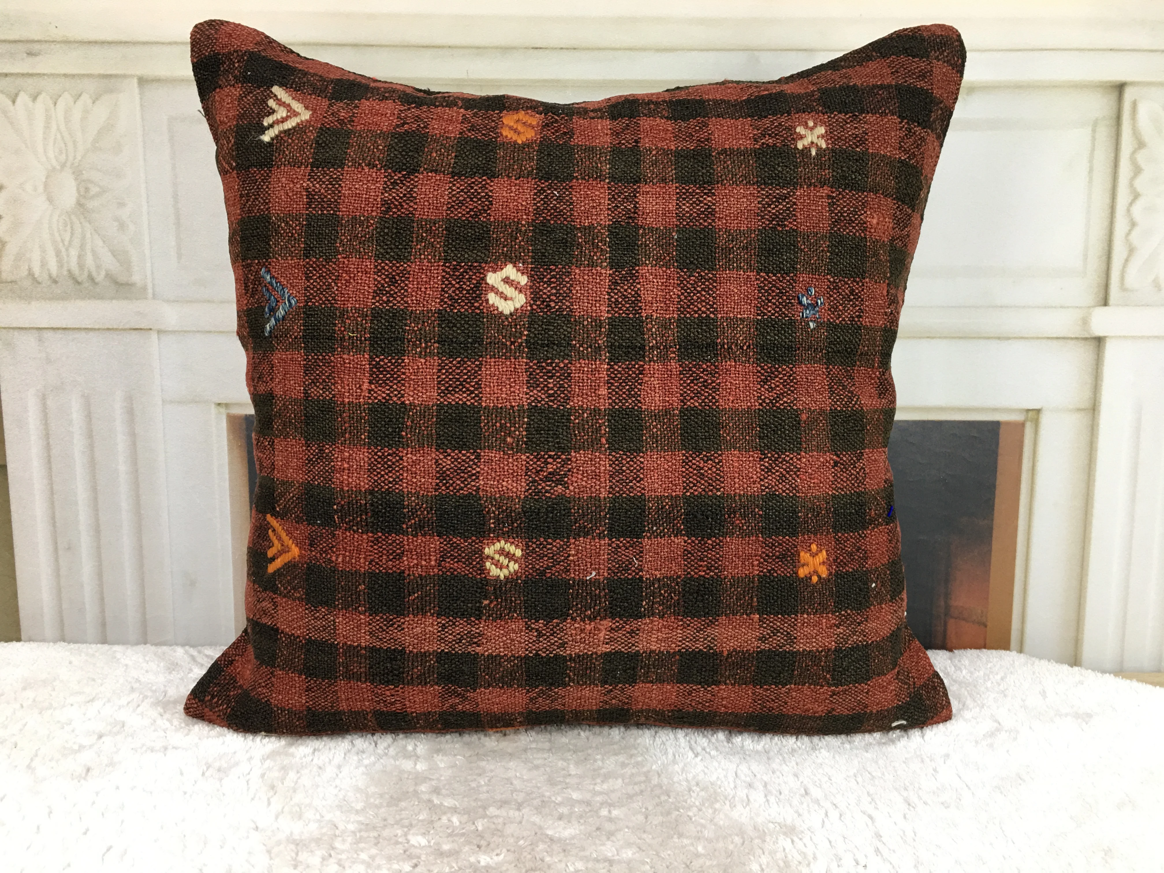 Handmade Kilim Plaid Cover Decorative Cushion Vintage Throw Pillow - 20x20 Inches - 50x50 Cm Wool Hidden Zipper