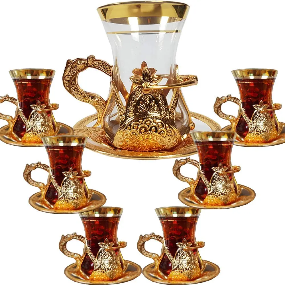 WONDERFUL GORGEOUS Glass Turkish Tea Cups Set of 6 and Saucers with Handle Arabic Ottoman Decors for serving and drinking housew