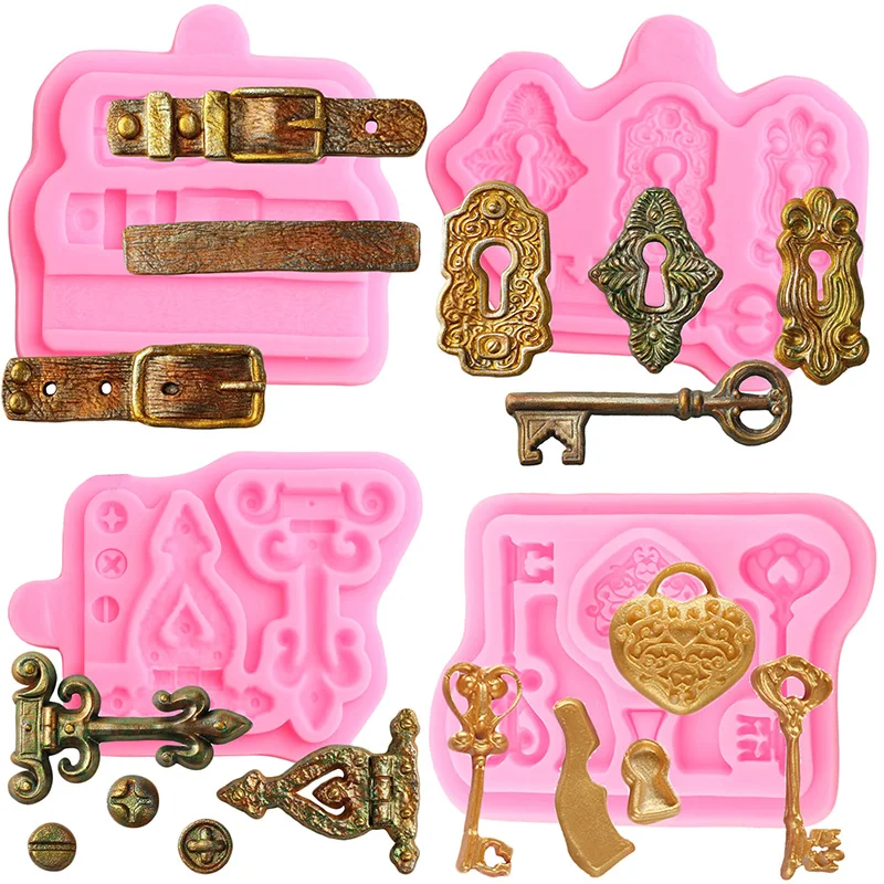 Vintage Key Keyhole Resin Silicone Mold Screws Heart Lock Catches Fondant Molds Cake Decorating Tools DIY Chocolate Baking Mould