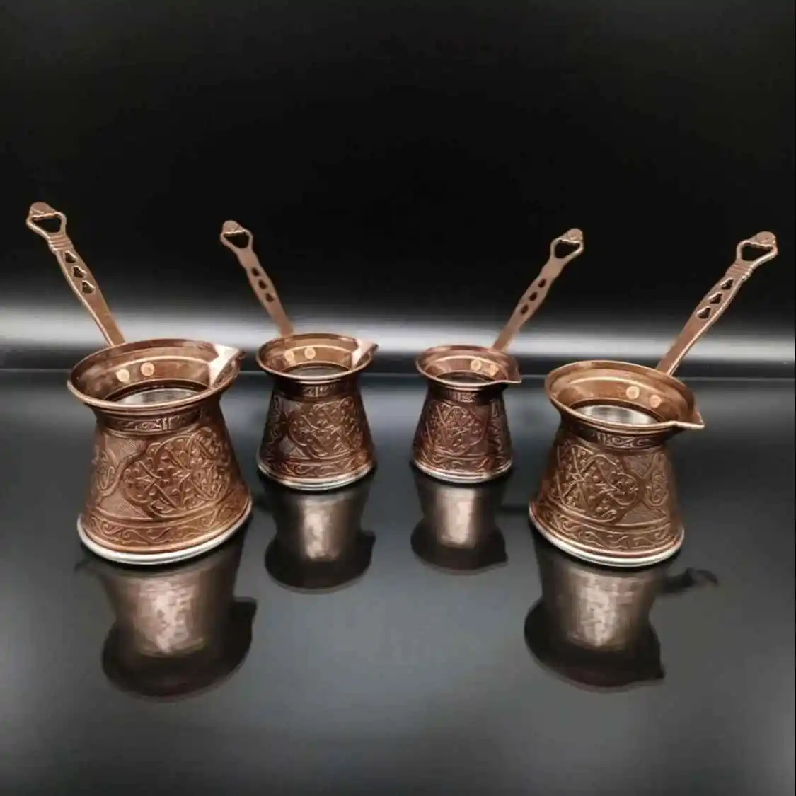 Turkish Pattern Copper Casting Coffee Pot Coffee Maker Handmade Set of 4 Traditional Design Decorative Gift Accessories Ottoman