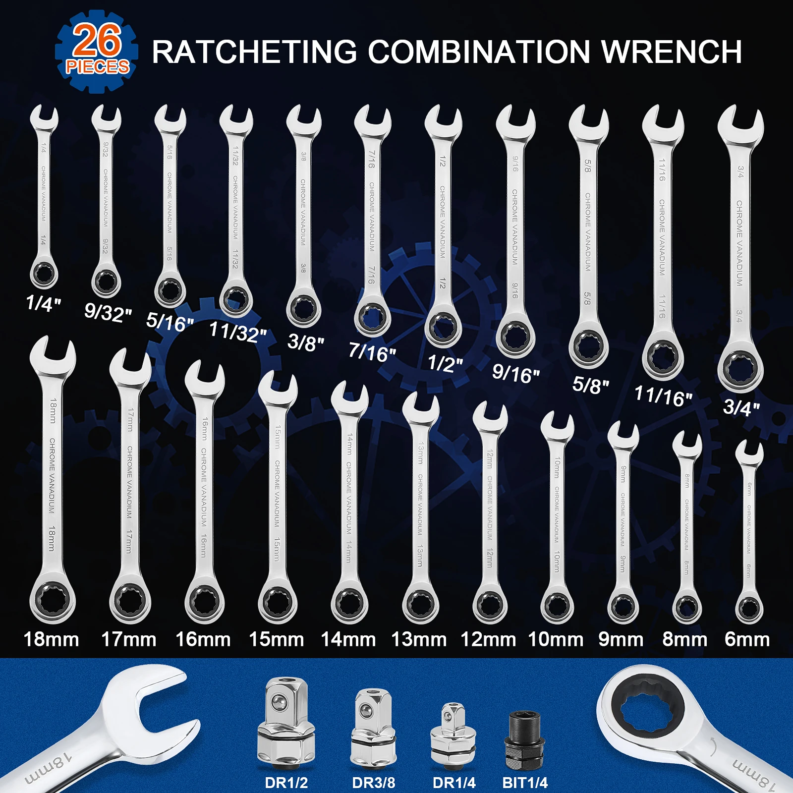 SORAKO Ratschen Kombination Wrench Set, 26-stück SAE Metric Ratsche Kit mit Bit & Buchse Adapter, 1/4 ″ - 3/4 ″ , 6-18mm