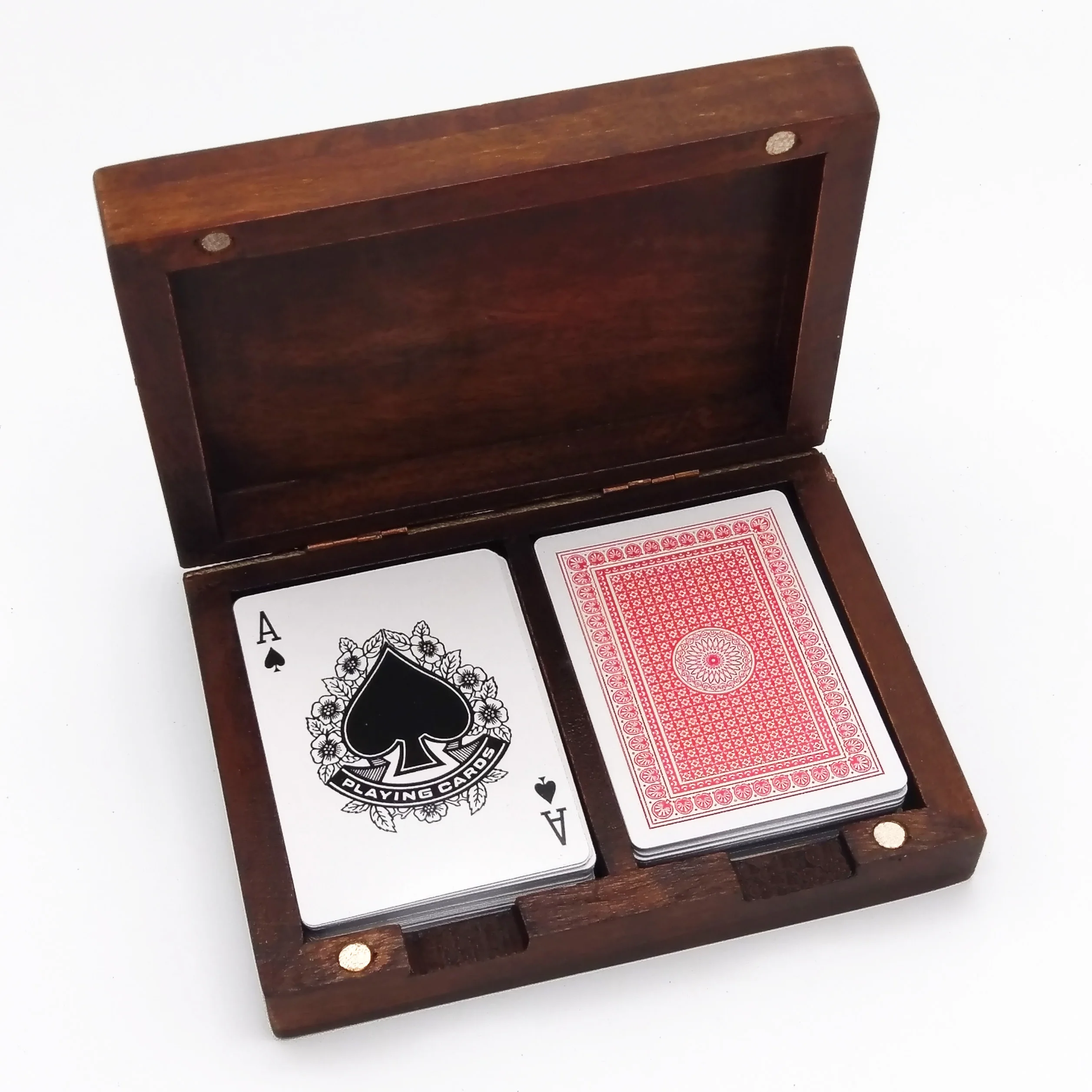 Wood Box 2 decks of playing cards - Mother´s Day - Metal Medallion with Crystal Dome - Choose from 8 different designs.