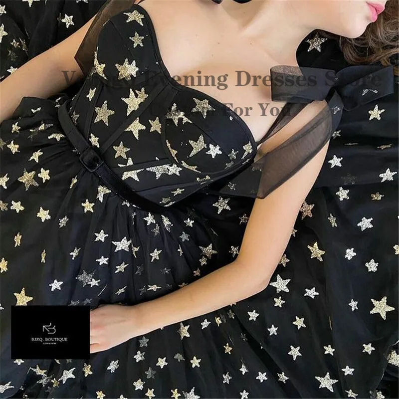 Verngo 2021 New Sparkle Gold Starry Tulle Black Prom Dresses Straps Fitted Boning Velour Belt Ankle Length Evening Party Gowns