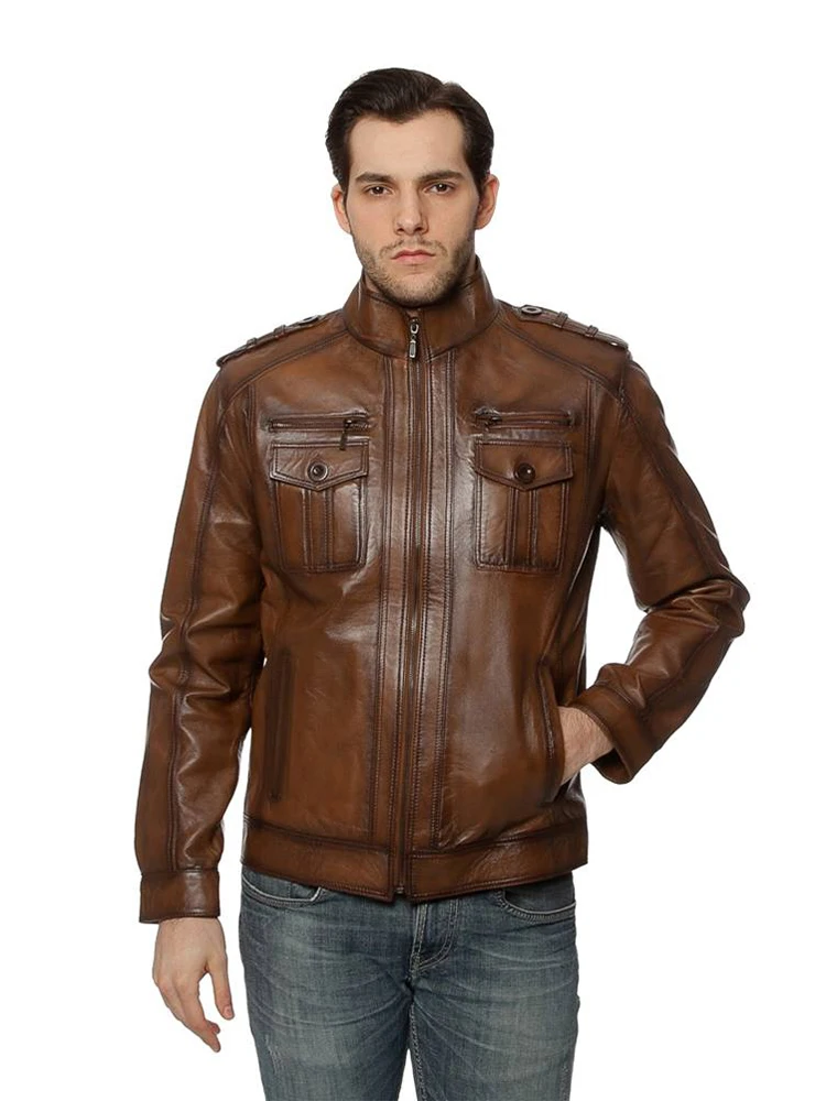 Genuine Soft Lambskin Leather Jacket Handmade Man Brown Jacket Biker Motorcycle Style Jacket Bomber Real Fur Coat Custom Product