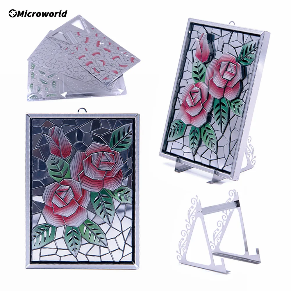 Microworld 3D Flower Puzzle Pink Roses Models Assemble Jigsaw Kits Desktop Decoration Gift Birthdays Gifts For Heroine Girls