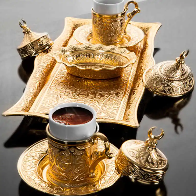 

Turkish Tea Coffee Set Espresso Cups Set Anatolian Arabic Coffee Cups Set Ottoman Tea Sets MADE IN TURKEY Set 2 - (9 PCS) Copper