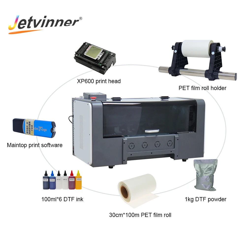 Jetvinner 30cm A3 DTF Printer For Epson Double XP600 Print Head T-shirt Printer With Roll Feeder Direct To Film Printing Machine