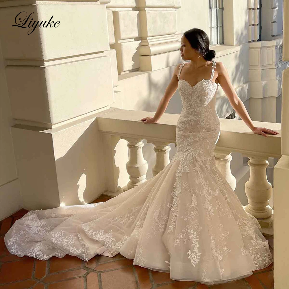 

Liyuke Gorgeous Appliques Spaghetti Straps Mermaid Wedding Dresses With Beading Sparkle Lace Chapel Train Vestido De Noiva