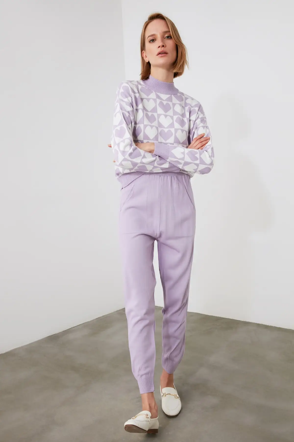 

Lilac Jacquard Sweatershirt Trousers Knitwear Bottom-Top Suit