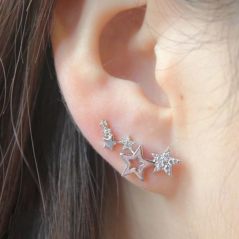 Shiny Star Stud Earrings with Zircon, Women's Elegant Gift