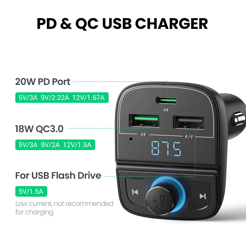 UGREEN Phát FM Bluetooth Sạc Trên Ô Tô Cho iPhone 14 13 12 QC3.0 Không Dây Bluetooth 5.0 Đài Phát Thanh Adapter Dual USB Nhanh sạc