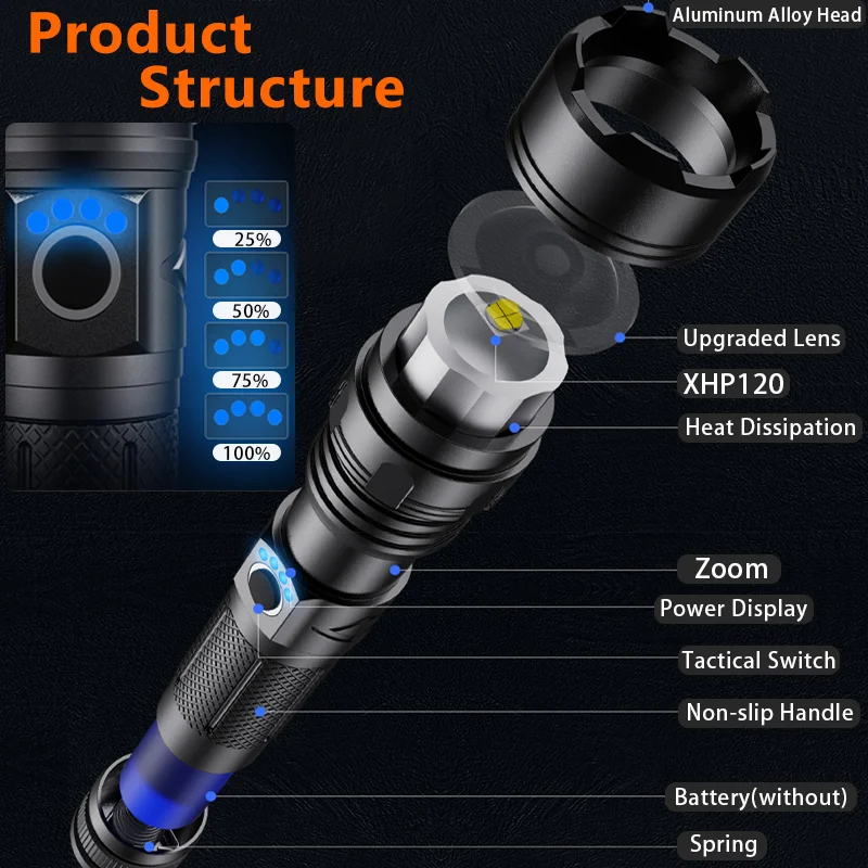 XHP199 Powerful LED Flashlight XHP220 Military Special Long-range 5000M Portable USB Torch T6 Self Defense Powerbank Lights