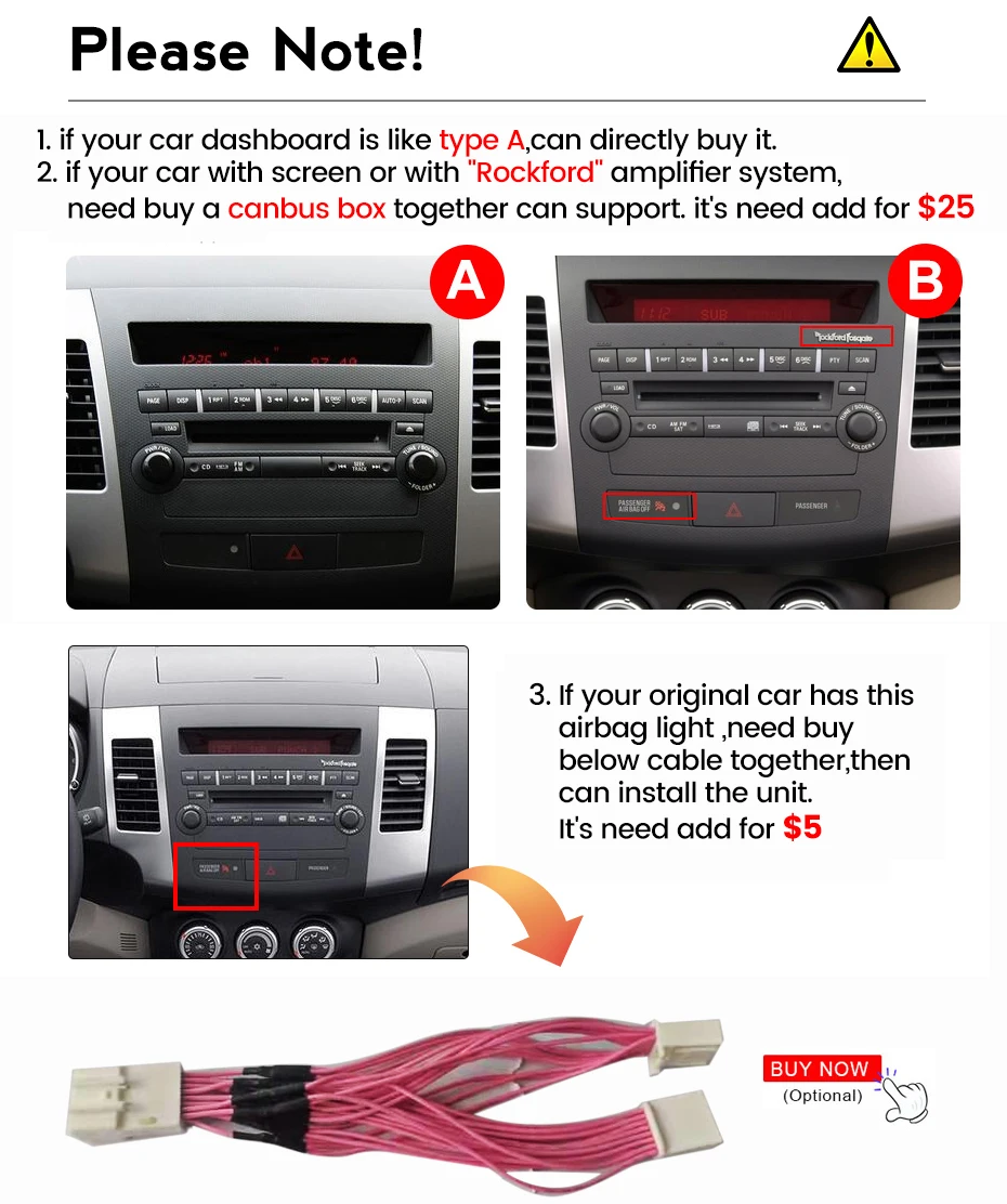 This link just for add cost option power cable For Mitsubishi Rockford and Airbag button Line