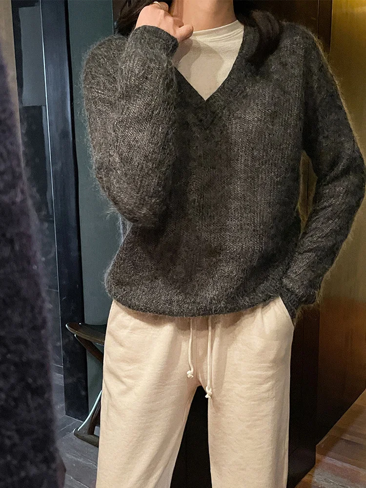 Fluffy Mohair Wool Blend Sweater Women Slouchy Oversize V Neck Knitted Pullovers