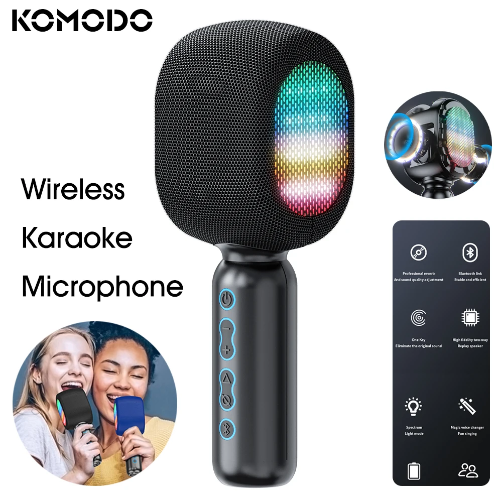 

KOMODO Wireless Karaoke Microphone Bluetooth Handheld Portable Speaker Home KTV Player with LED Lights for Kids