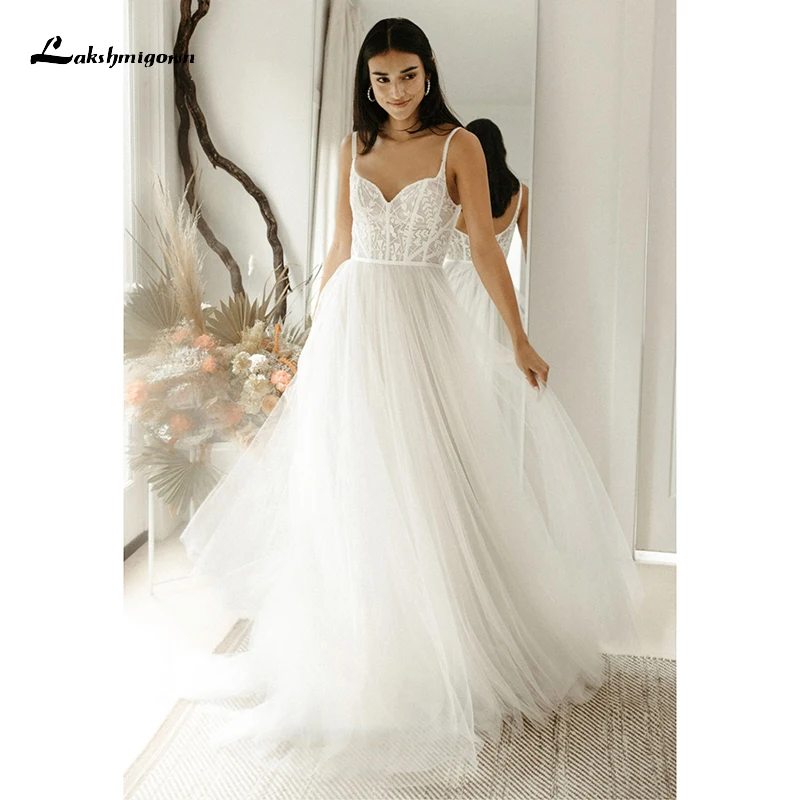

Lakshmigown Bridal Wedding Dresses 2022 Lace Tulle Sweetheart Sleeveless Brush Train Backless Spaghetti Straps Floor-Length