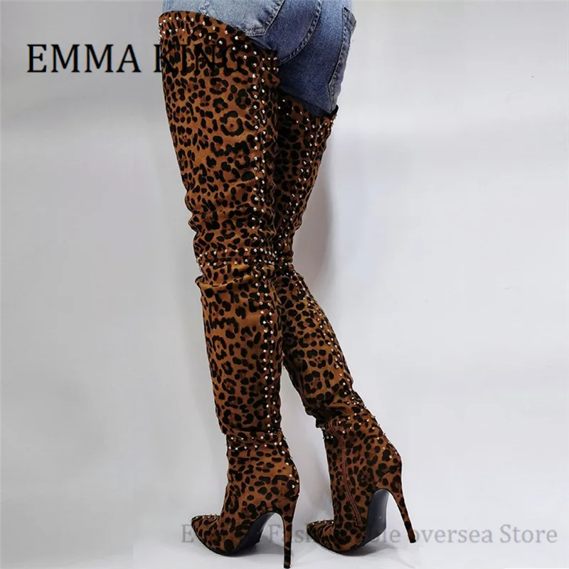 Women Leopard Print Over The Knee Boots Rivets Studs Ladies Boots Pointed Toe Faux Suede Stilettos Ladies Crotch Thigh Boots 46