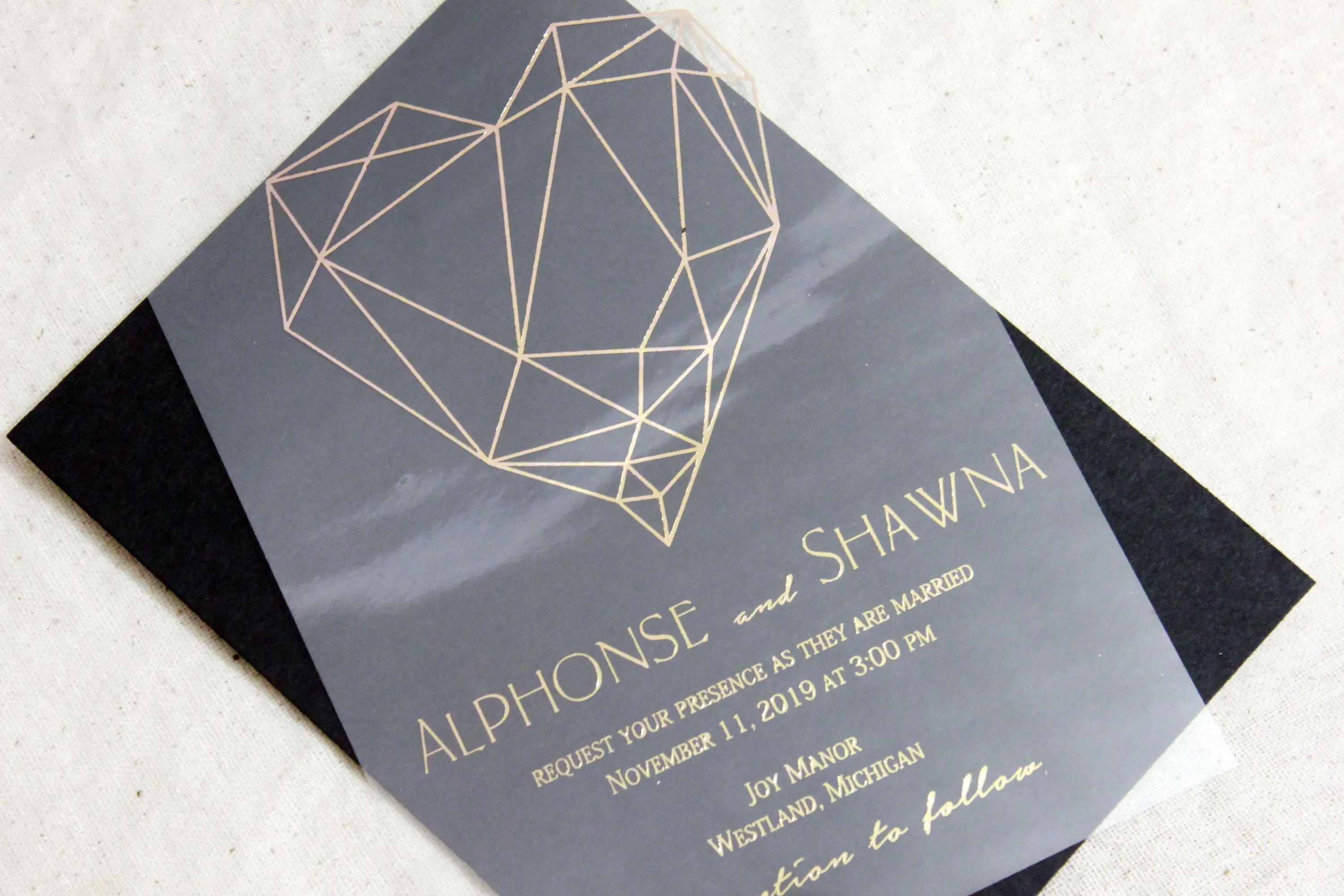 Geometric Heart wedding Invitations, clear invitations, gold foil wedding invitation, unique wedding invitation sets, Invitation