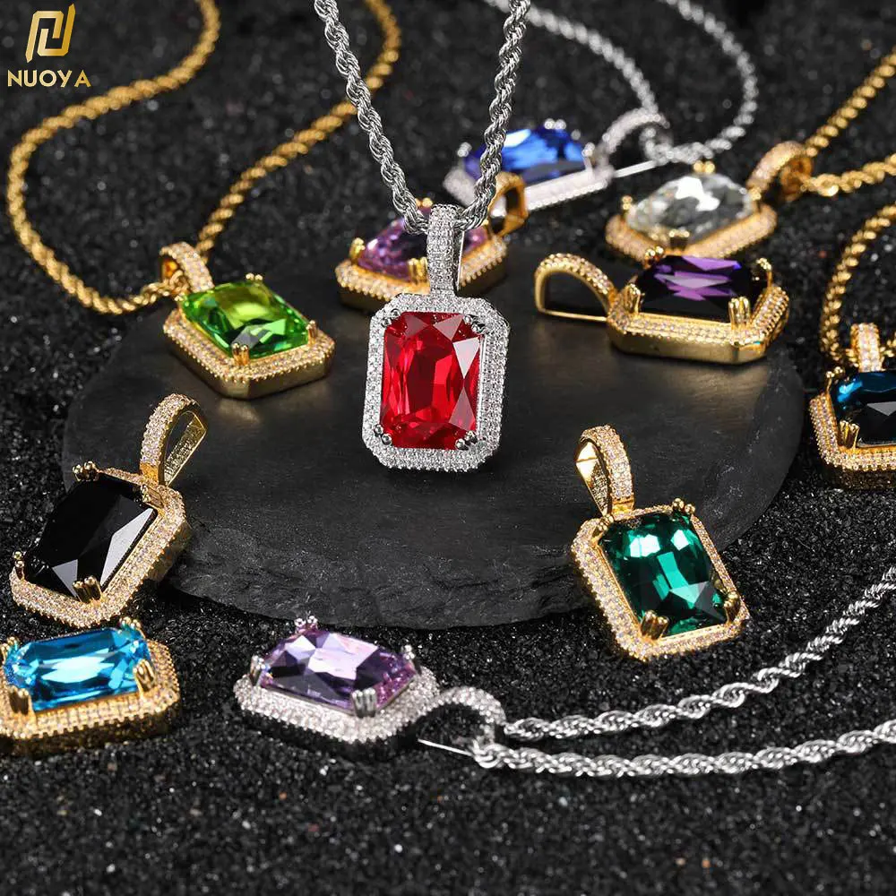 Dainty Luxury Bezel Birthstone Stone Pendant Necklace Iced Out CZ Black Sapphire Emerald Ruby Gemstone Pendant With Rope Chain