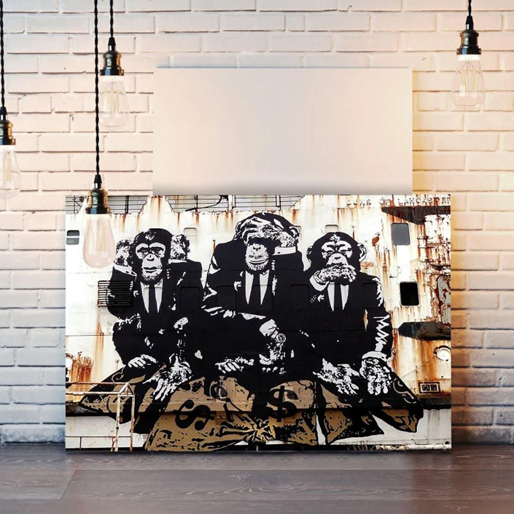 Banksy 3 Wise Monkeys Canvas Wall Art Posters and Prints Gorilla Street Art Paintings Animal Graffiti Art Pictures Wall Decor