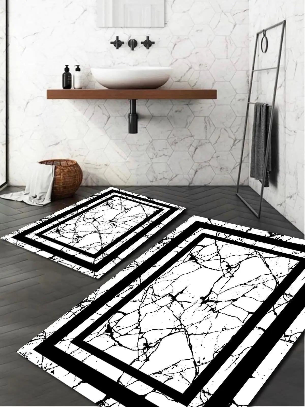 Striped Detail Marble Patterned 2-Piece Carpet Set (60x100/40x60) super Absorbent Floor Mat Anti Slip Drying Bathroom Mat Floor