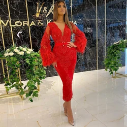V-Neck Fashion Full Sleeve Straight Evening Dresses Custom Tea-Length Feathers Applique Women's Dress Spring Vestidos De Fiest