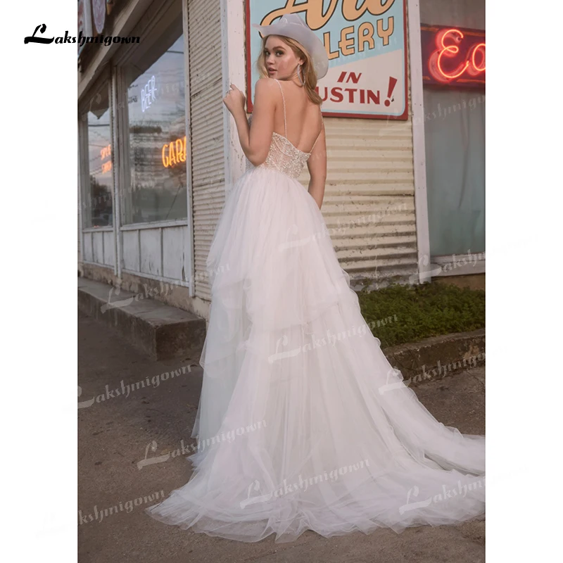 Lovely A-LINE Bridal Wedding Dresses 2022 Sleeveless Sweep Backless Spaghetti Straps V-neck Netting Floor-Length Beading Pearls