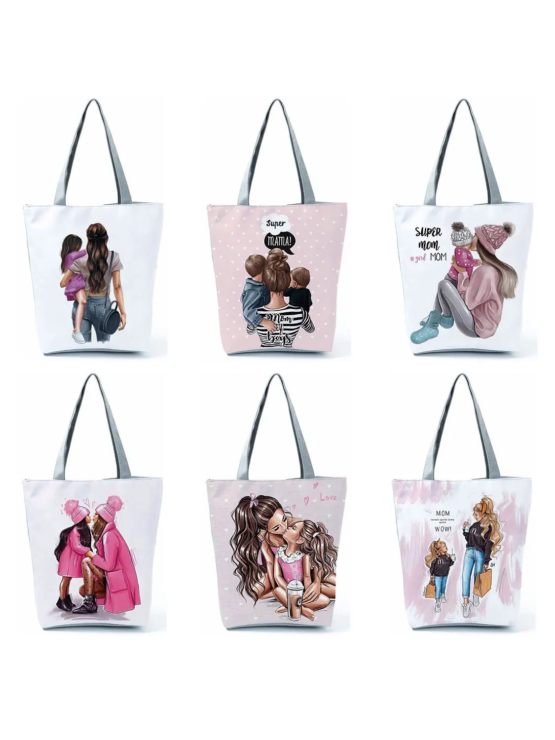 

Cute Cartoon Super Mama Print Linen Tote Bag Reusable Shoulder Bags Mom And Baby Fold Women Casual Handbags Lady Fabric Totes