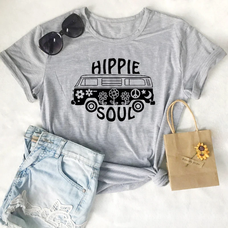 Hippie Soul T-shirt Funny Summer Short Sleeve Hipster Camping Tshirt Women Crewneck Graphic Grunge Cotton Tee Top Drop Shipping