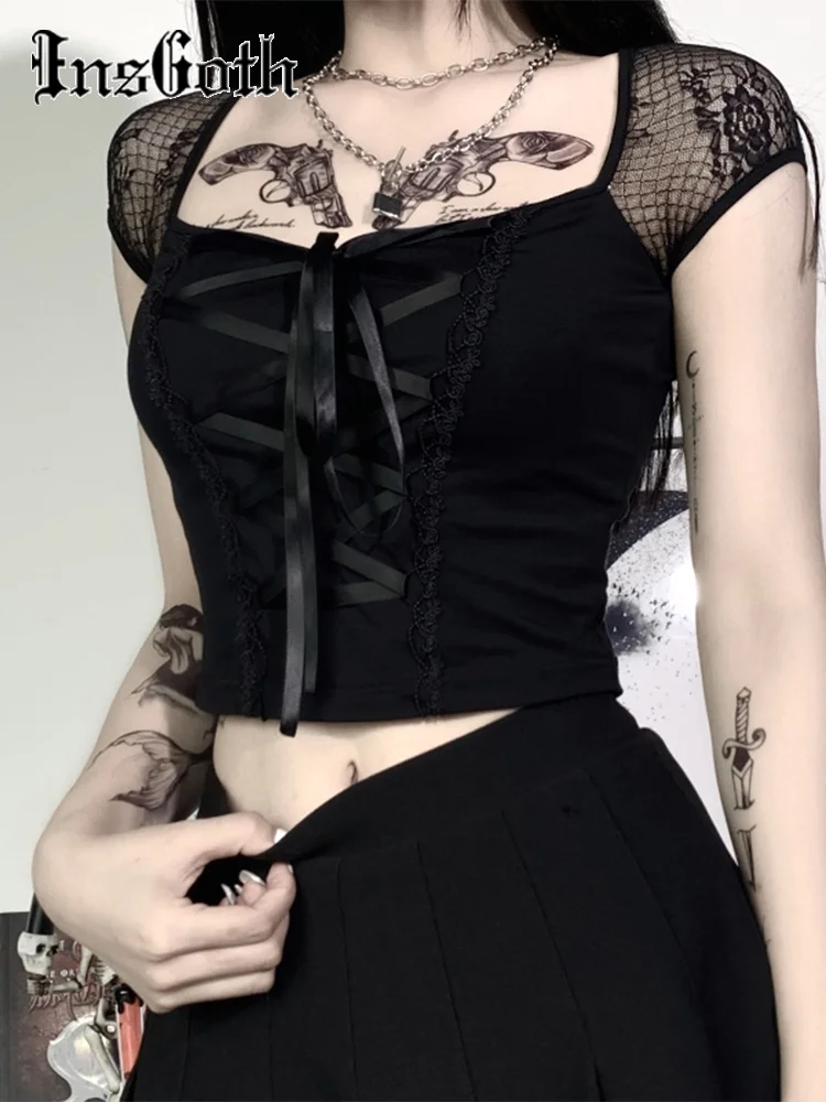 

InsGoth Vintage Tops Goth T-shirt Women Bodycon Bandage Lace Black T-shirts Gothic Streetwear Sexy Female Top Casual Mesh Tee