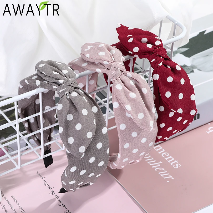 AWAYTR Hair Accessories Bow Korean Hairband Elastic Retro Dot Knotted Ears Headband Wide Cross Fashion Women Hair Hoop Bands