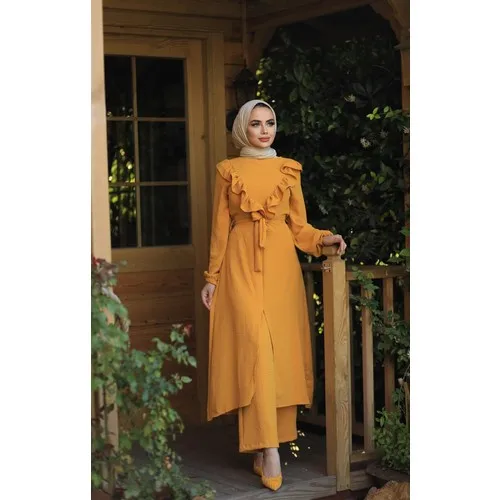 Fashion Raw White Frilly Rompers Pants Suit Mustard 2530 long quality muslim women Dubai turkish hijab clothing girls Islamic clothing