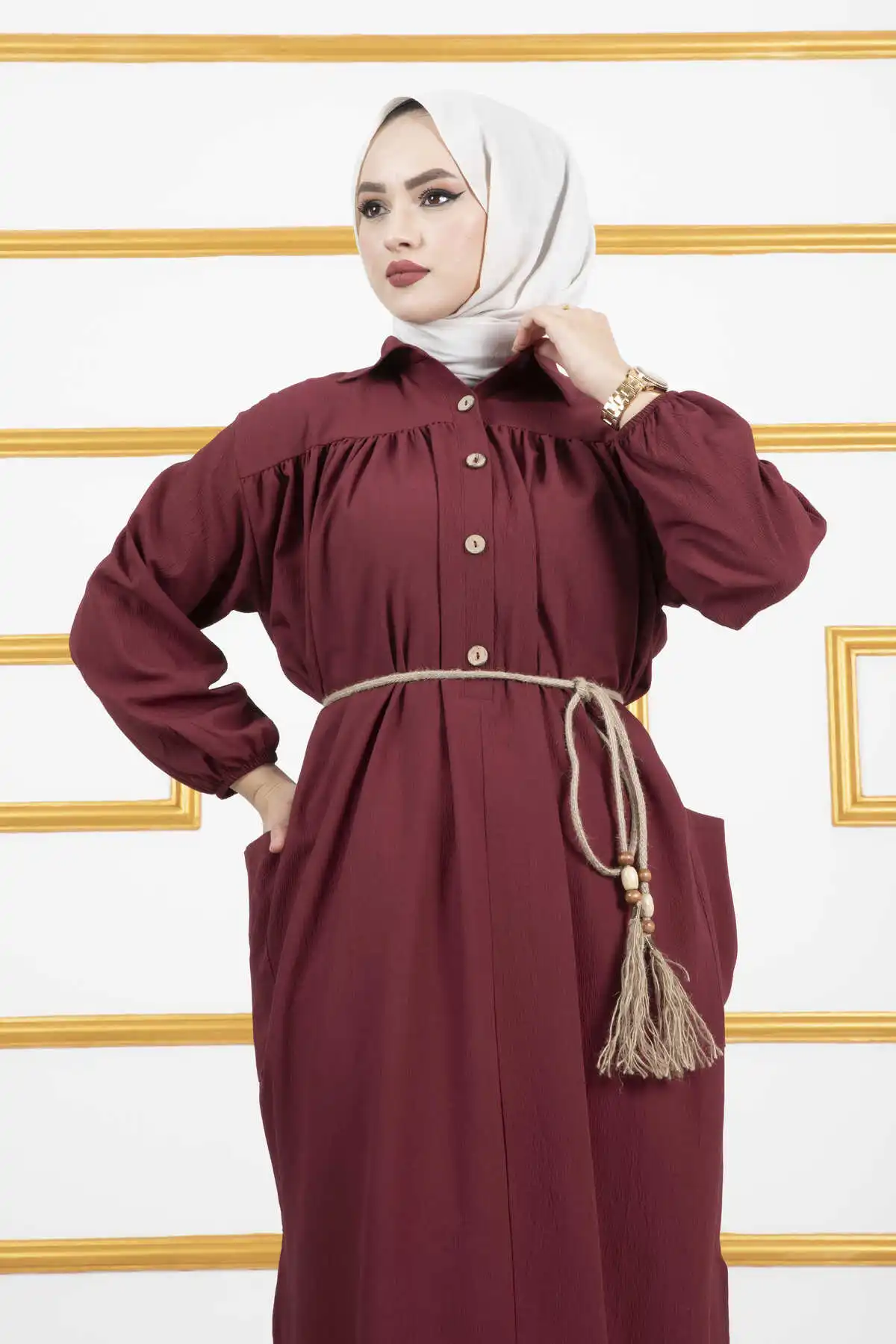 

Women Button Detailed Loose Hijab Tunic Ramadan Eid Mubarak Abaya Turkey Hijab Muslim Sets Dress Caftan İslamic Clothing Summer