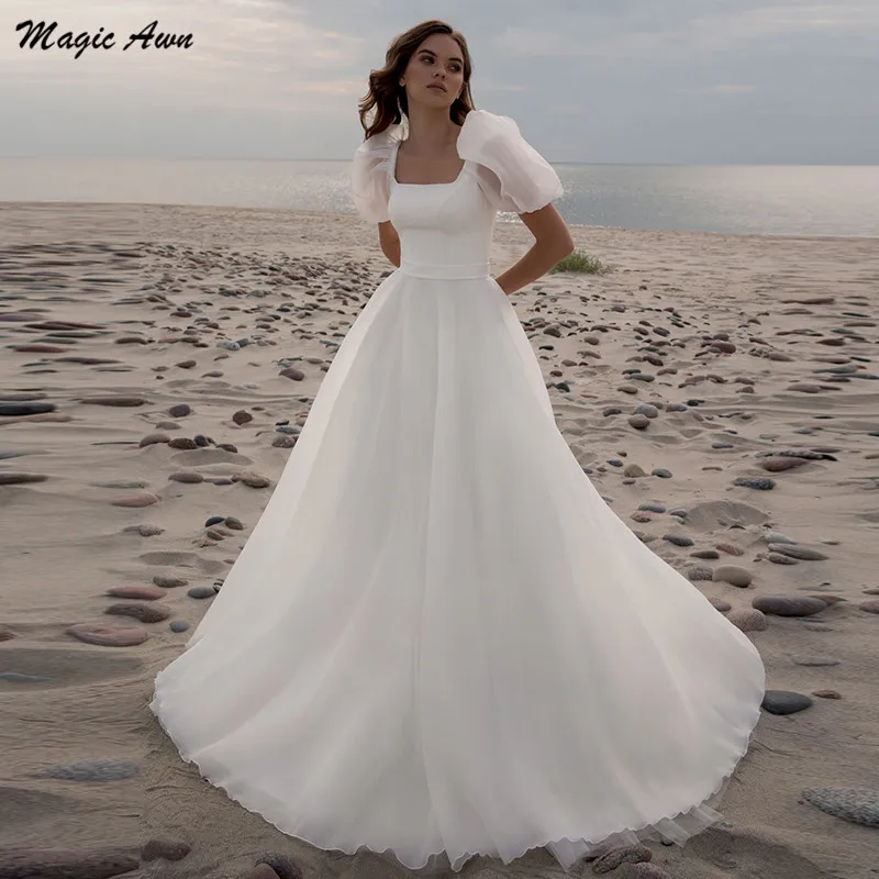 

Magic Awn Beach Wedding Dresses White Organza Short Puffy Sleeves Simple Boho Mariage Gowns A-Line For Women Vestidos Novia