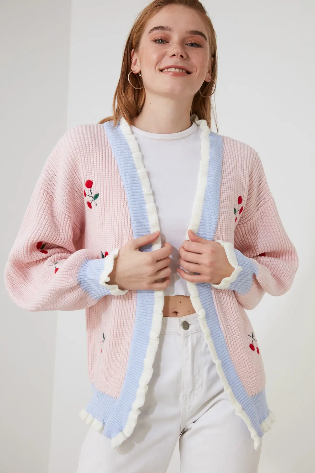 Powder Colour Embroidered Knitwear Cardigan