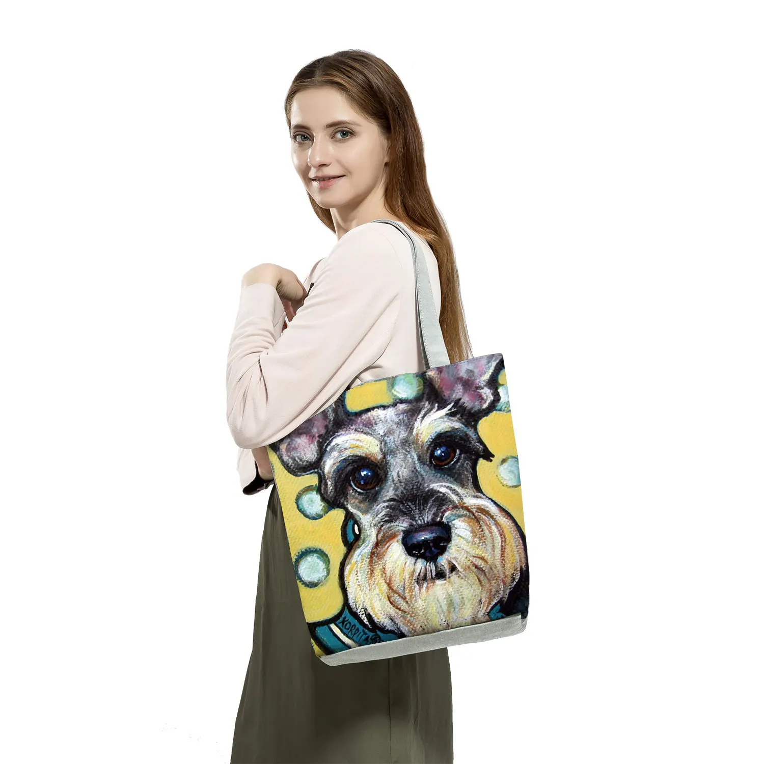 Dropship Schnauzer Dog Painting Handbags For Women Lady Korean Shoulder Bag Casual Shopping Shopper Bags Large Capacity Tote