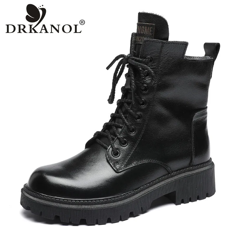 DRKANOL 2024 Fashion Women Boots Autumn Winter Warm Shoes 100% Genuine Leather British Style Retro Flat Heel Ankle Boots Woman