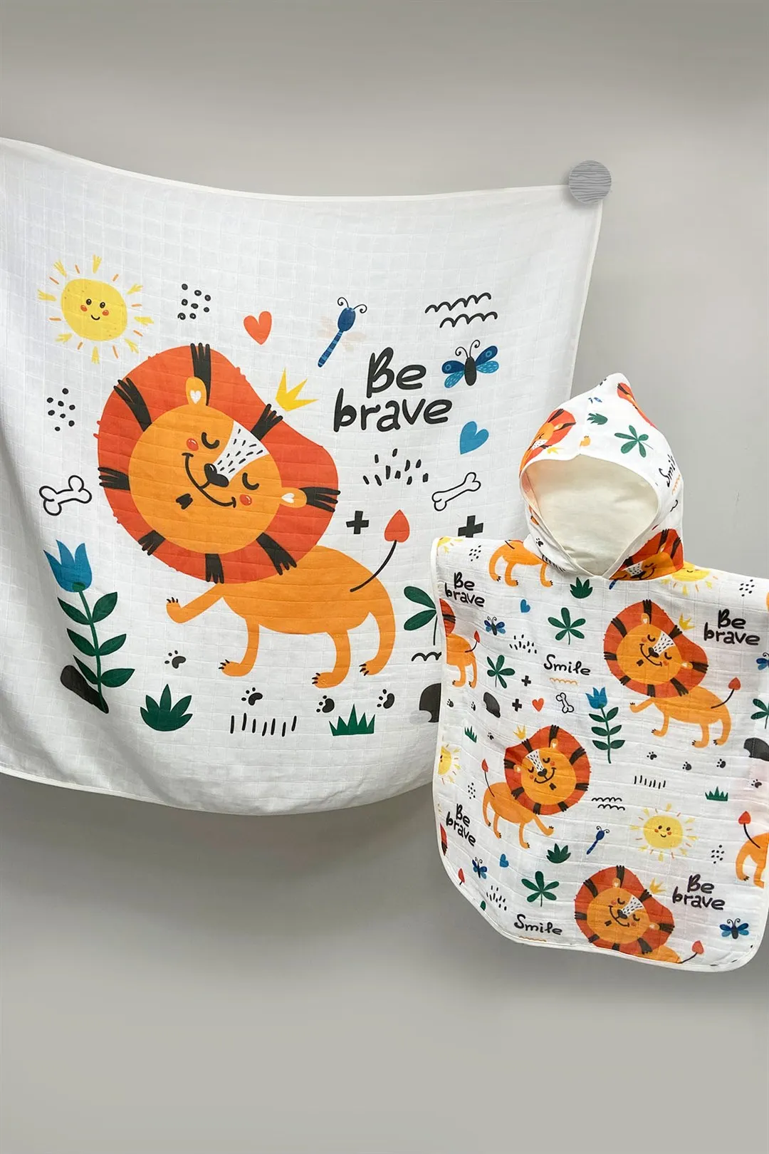 Muslin Poncho (1-3y) and Muslin Blanket (100x100cm) set flower animal fruit pattarned