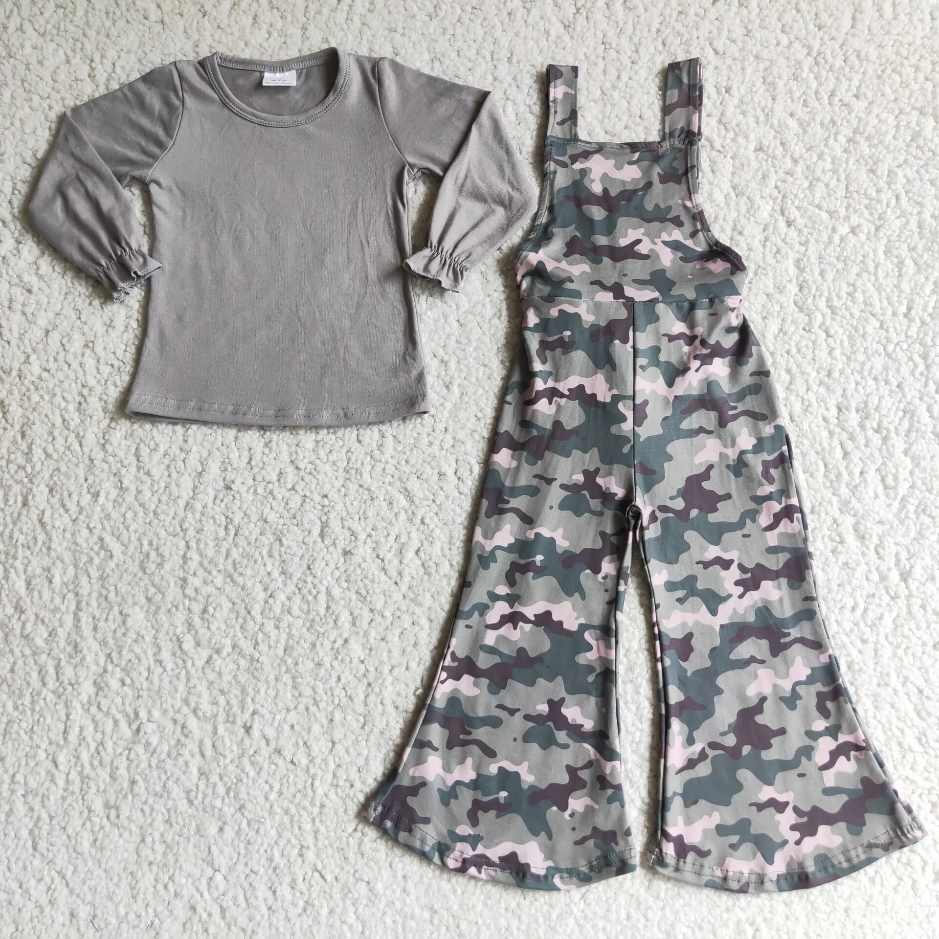 

Hot Design girl bib suit gray top camouflage wide leg bib girl boutique design 2pcs kids clothing suit wholesale