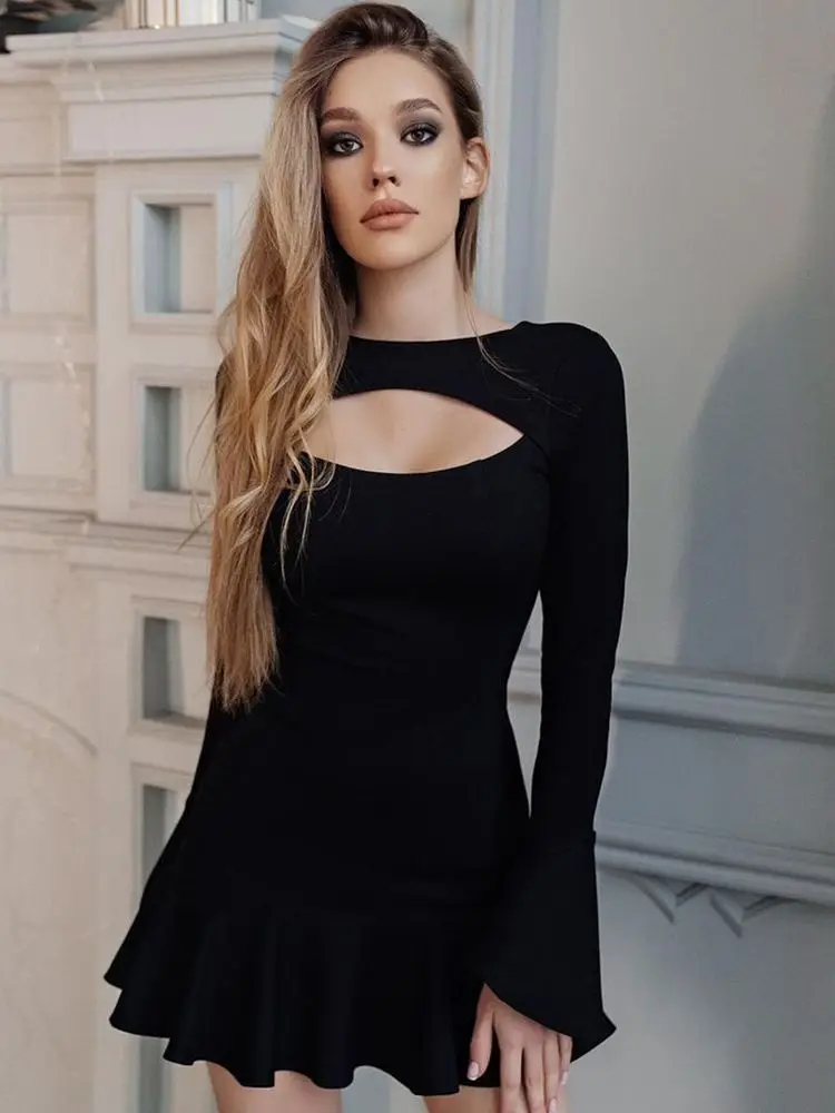 Abito da donna con fasciatura con volant manica lunga svasata scava fuori aderente bianco nero Mini abiti da sera da discoteca eleganti Sexy