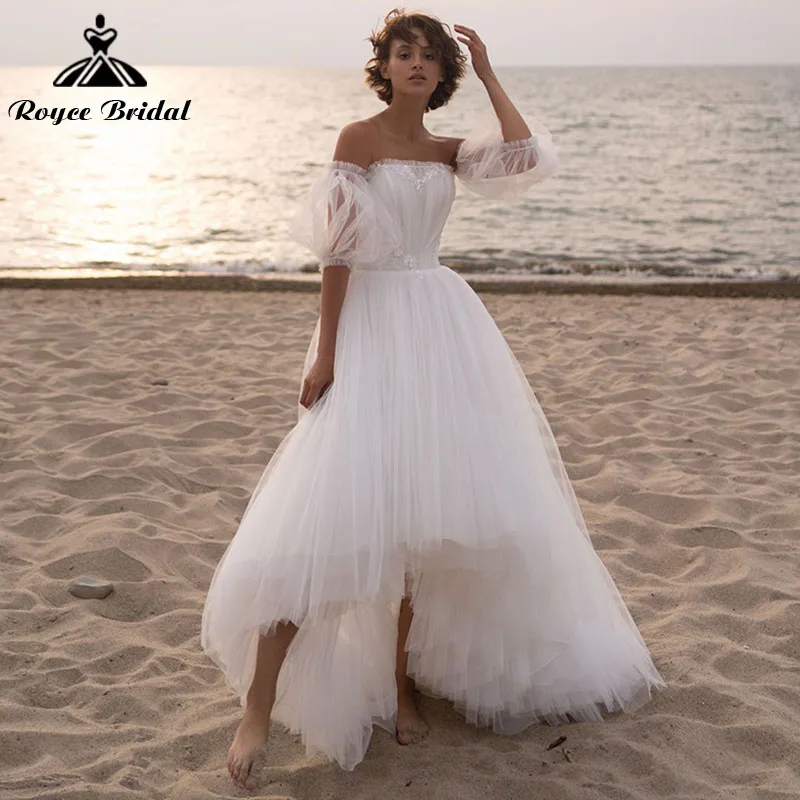 Beach Puff Sleeve Backless Off the Shoulder Backless senza spalline abito da sposa alto/basso abito da sposa corto davanti Roycebridal