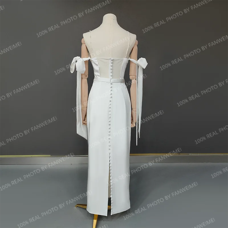 10812# Customized Gorgeous Off Shoulder Ankle Length Open Back Soft Satin Button Sheath Wedding Dress Bridal Gown Sweep Train