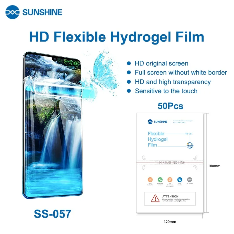 SUNSHINE SS-057-Lámina de hidrogel Flexible, protectores de pantalla para teléfonos móviles, película frontal cortada para máquina de SS-890C, 50 Uds.