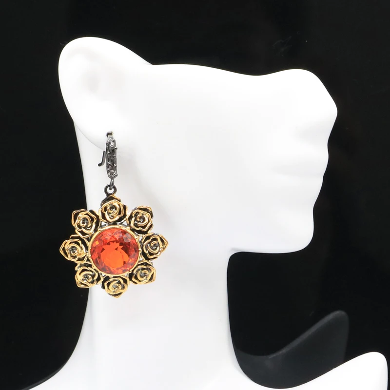 Buy 3 get 1 free 46x29mm Unique 21g Sunflowers Jewelry Set Orange Spessartine Garnet Black Gold Silver Earrings Pendant