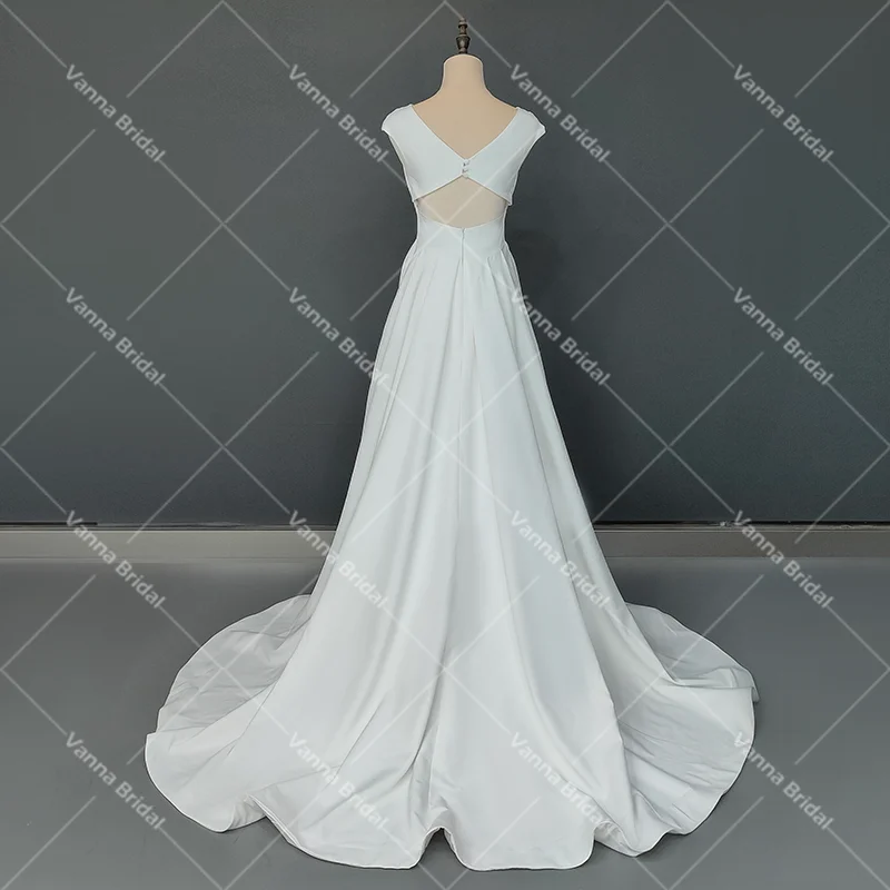 Robe de mariée longue en Satin, col en V, fente haute, Simple, ligne A, sur mesure, grande taille, dos creux, froncé, traîne