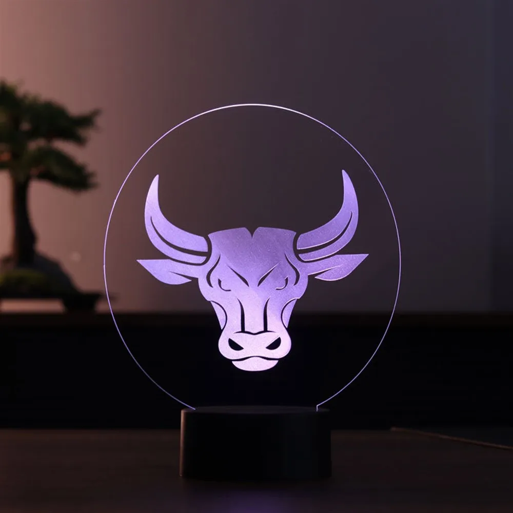 Bull acrílico 3d ilusão led candeeiro de mesa 12 volts adaptador luz do dia design base madeira aniversário presente dia especial ideia para casais