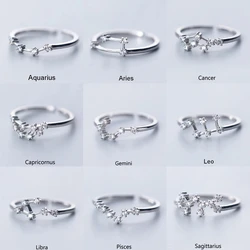 Minimalist Inlaid Cubic Zircon 12 Constellation Rings For Women Zodiac Sign Adjustable Finger Ring Simple Silver Color Jewelry
